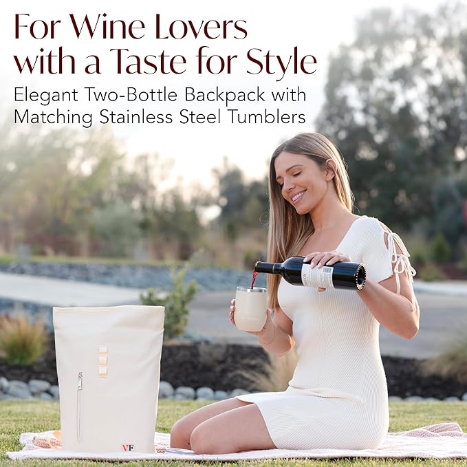 Two Bottle Rolltop Wine Tote Bag – Stylish PU Leather Wine Backpack with Matching Tumblers – Compact & Lightweight Wine Carrier with Padded Straps & Compartments for Travel & Picnics - Beige