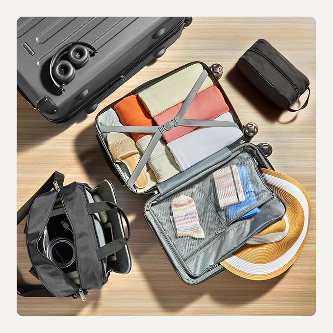 Amazon Basics 4-Piece Luggage Set, Including Two Hardside Suitcases With Multi-directional Spinner Wheels (22" Carry-On and 28" Checked), 15" Tote Bag and 10" Compact Travel Bag, Black
