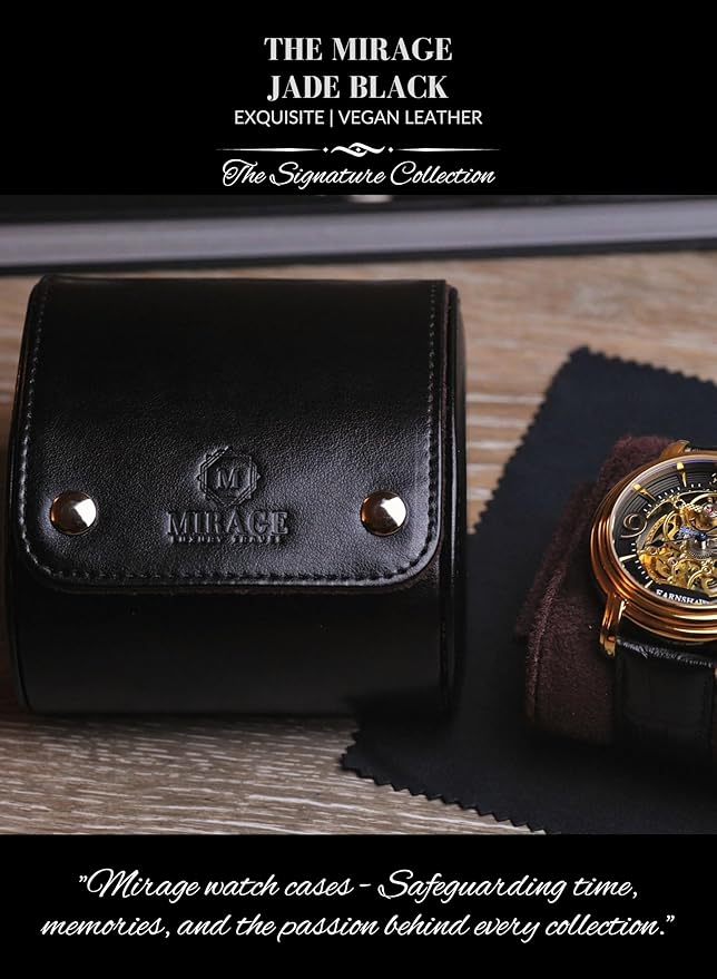 Single Watch Roll Travel Case - Watch Travel Case - Jade Black with Mahogany Interior- Swiss Motif Vegan Leather