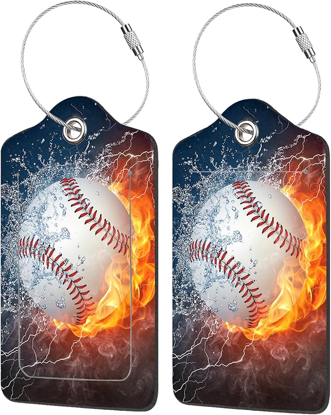 2 Pack Luggage Tags for Suitcases,Baseball Ball on Fire and Water Luggage Tag,PU Leather Id Label Luggage Tags with Stainless Steel Loop and Privacy Cover for Women Men Teens Travel