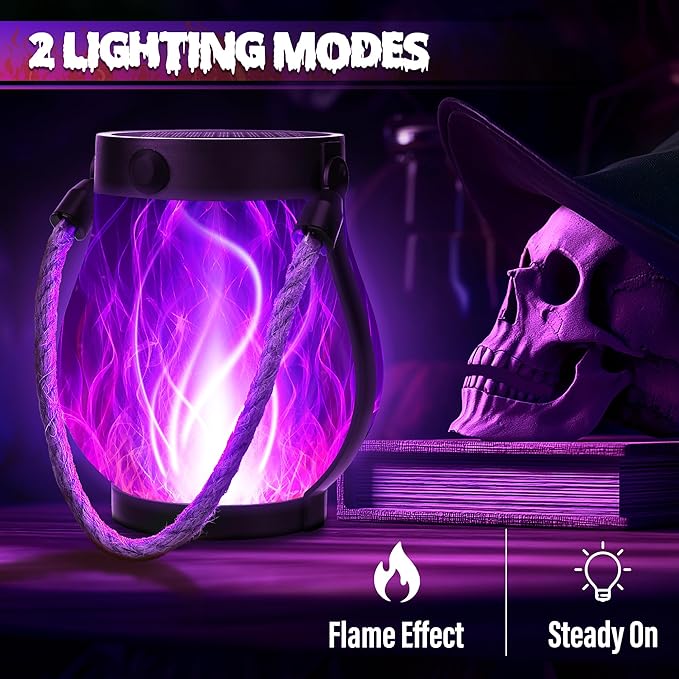 Halloween Solar Flame Lantern Hanging Outdoor Waterproof Purple - 2 Pack Flame Lanterns with Dual Charging Modes of Solar & USB for Garden or Yard Halloween Decorations (Purple - 2 Pack)
