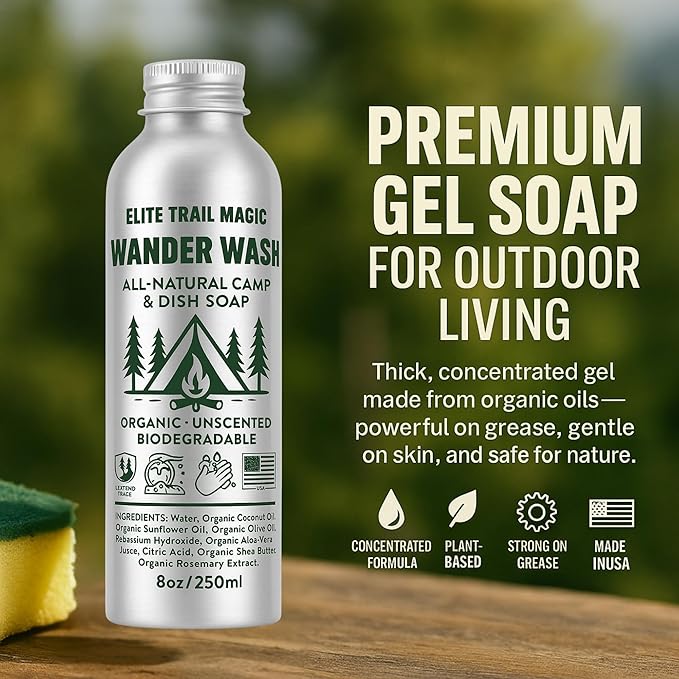Wander Wash -Biodegradable Camp & Dish Soap Unscented | Made in USA | Organic All-Purpose Camping Gel Soap for Dishes, Hands & Gear – Eco-Friendly Reusable Aluminum Bottle | (8oz) (8floz/250ml)