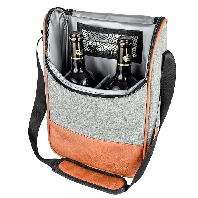 2 Bottle Wine Set Leather Insulated Bag As Gift - Luxury 2 Bottle Carrier Design For Picnic/Travel - Idea Gift For Women/Man (Reserve Place For Corkscrew Opener ＆ Cheese, Gray Brown)