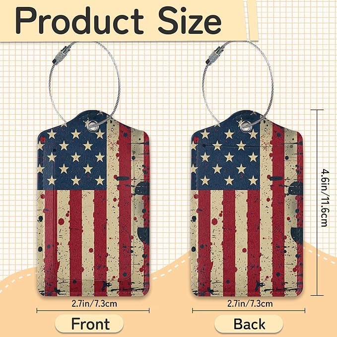 3 Pack PU Retro American Flag Leahter Luggage Tag with Stainless Steel Loop,Travel Suitcase Labels with Privacy Cover ID Label Quickly Spot for Bags