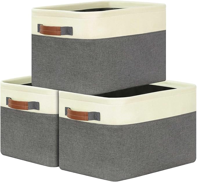 GhvyenntteS Large Fabric Storage Baskets for Shelves with Metal Frame Opening & Hard Bottom Board, Collapsible Fabric Storage Bins for Shelves with Handles (15x11x9.6 Inch, 3 Pack, Grey)
