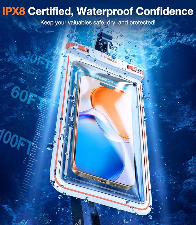 TORRAS IPX8 Waterproof Phone Pouch Floating, Underwater Screen Touchable, Water Proof Case with Lanyard for iPhone 16 Pro Max 15 S25, Cellphone Dry Bag Cruise Essentials 7.0 inch, White