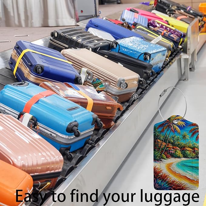 Seaside Town 2-Pcs Premium Leather Tags with Privacy Covers,Luggage Tag Stainless Steel Loops Ideal for Suitcases, Travel Bags, Backpacks