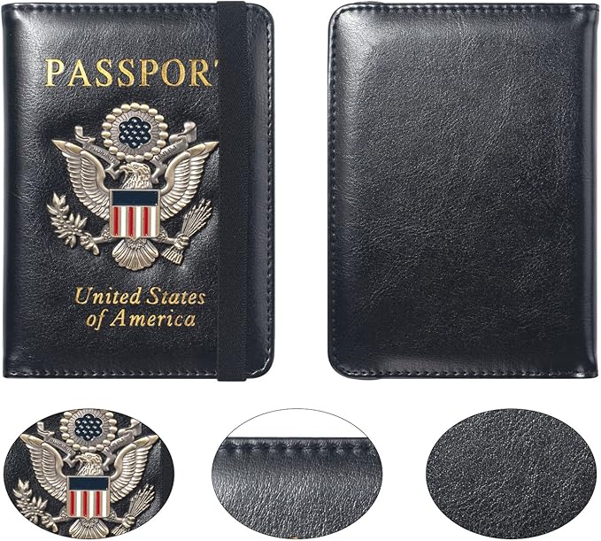 Passport Holder for Travel Passport Cover for Men Passport Wallet Case With 3D Metal Badge Protector Leather Card Case RFID Blocking Women Travel Accessories Document Organizer (Black)