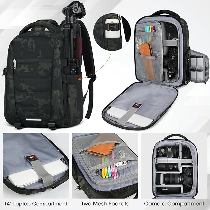SDYSM Camera Bag Backpack Professional for DSLR SLR Mirrorless Camera Waterproof Laptop Back Pack 14 Inch with Rain Cover Anti Theft Travel Case Large Capacity Photography Backpack Camouflage