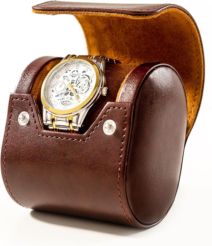 MR.OKAY Single Watch Travel Case- Classic Leather Watch Case With Perfect Texture.Portable Watch Roll Or Organizer For Storage And Display. Luxury Gifts For Men, All Handmade by Artisans.