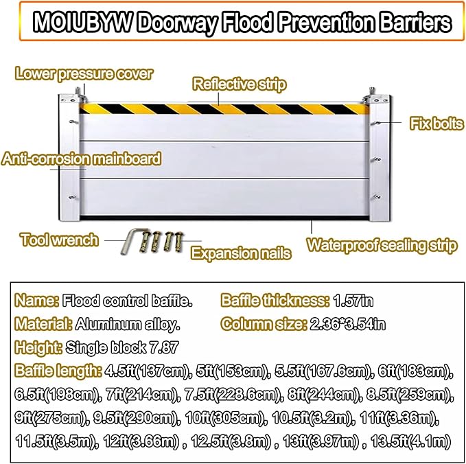 Reusable Flood Barrier, 3/4/5/6/7/8/9/10/11/12/13ft Long Heavy Duty Aluminum Water Barrier Shield for Sliding Glass Door/Driveway/Home Doorway, Removable Stopper Shield with Rubber(H 2ft(6