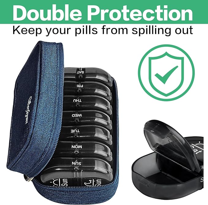 Serfeymi Weekly Travel Pill Organizer 2 Times A Day AM PM Upgraded Black Pill Box 7 Day with Portable Zipper Canvas Pill Case, Medicine Organizer for Pills, Vitamins, Supplements, Fish Oils - Blue 01