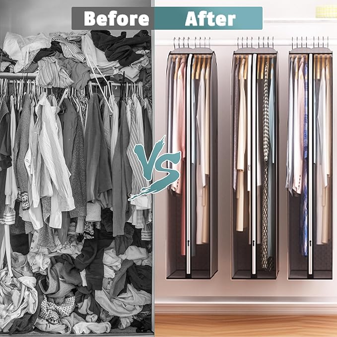 10" Gusseted Garment Bags for Hanging Clothes 60" Suit Bags for Open Closet Storage, Side Clear Clothing Cover for Coat, Dress, Jacket, Shirt, Fur Wardrobe Protector, 3 Packs, Grey