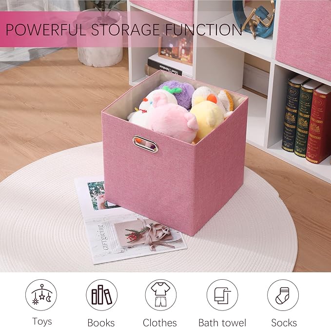 Pink Cube Storage Organizer Bins 13x13x13 Inch, 4 Pack Collapsible Organization Baskets with Handles, Thick Fabric Foldable Storage Boxes for Kallax Shelf Bookcase Closet Cabinet