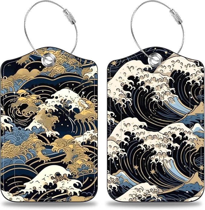 Japanese Art Blue and White Waves Set of 2 Luggage Tags for Suitcases Leather Suitcase Tags Identifiers with Privacy Name Label and Stainless Steel Loop for Women Men Travel Luggage Accessories