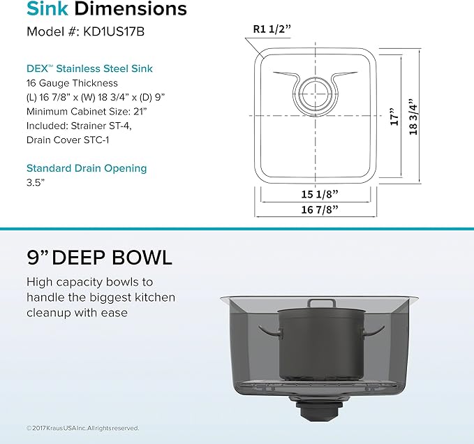 KRAUS Dex 17-Inch Undermount Single Bowl TRU16 Gauge Stainless Steel Kitchen Bar Sink with DrainAssure WaterWay and VersiDrain Assembly in Radiant Pearl Finish, KD1US17B
