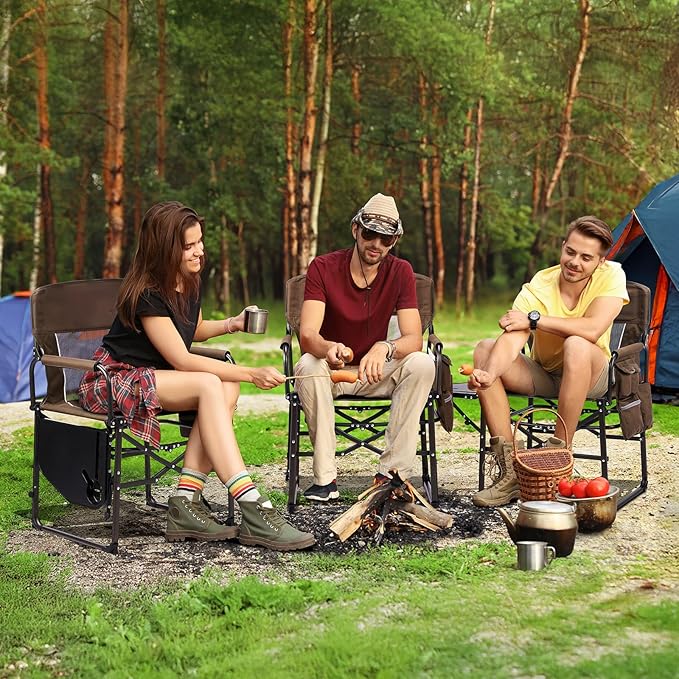 VINGLI Camping Chairs, Directors Chair, Camping Chair with Side Table & Carry Bag，Heavy Duty Camping Chairs for Adults,Portable Folding Camping Chair 2 Pack, for Beach, Fishing,Trip,Picnic,Lawn-Brown
