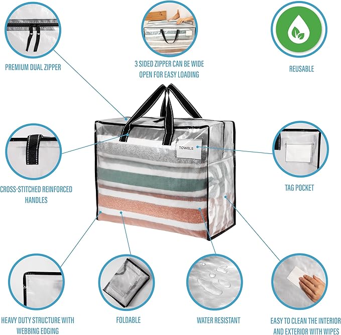 VENO 4 Pack Heavy Duty Moving Bags, Storage Bags, Packing Supplies, Top Zipper, Storage Totes for Camping, Clothes, Bedding, Comforters, Pillows (13 Gallon Clear, 4 Pack)
