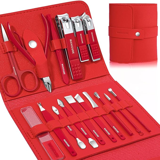 Manicure Set Professional Nail Clippers Pedicure Kit, 16 pcs Stainless Steel Nail Care Tools Grooming Kit with Luxurious Travel Leather Case for Thick Nails Men Women Gift (Red)