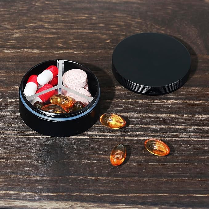 Small Pill Case 3 Compartments, Metal Round Portable Pill Box, Waterproof Travel Pill Organizer, Pocket Purse Medicine Vitamin Holder EDC Container (Black)