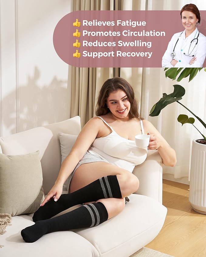 Momcozy Compression Socks for Women Wide Calf, 15-20mmHg Knee High Support Socks for Pregnancy, Nurses, Travel, Flying