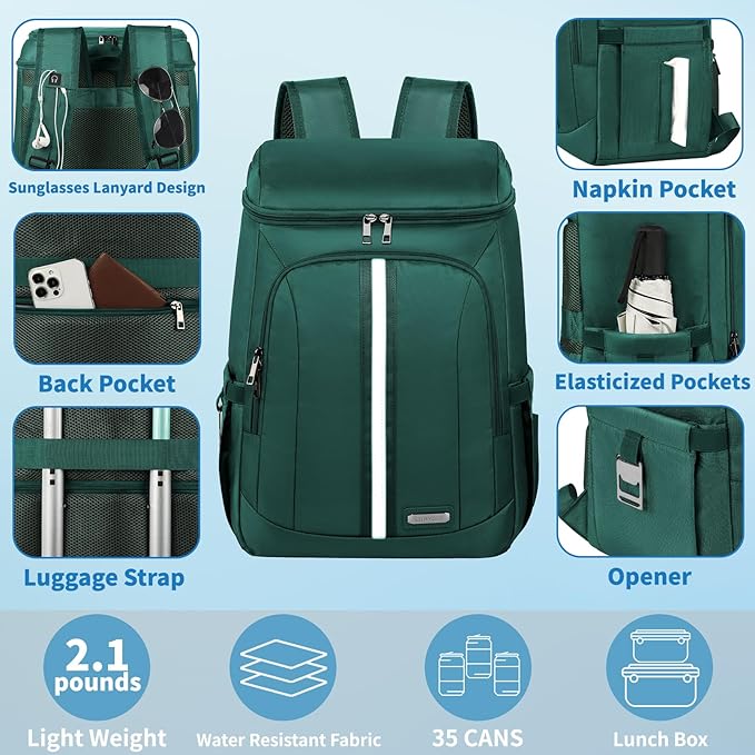 Backpack Cooler Insulated Leak Proof 35 Cans, 2 Insulated Compartments Thermal Bag, Portable Lightweight Beach Travel Camping Lunch Backpack for Men and Women, 30L, Reflective Stripes, Water-Resistant