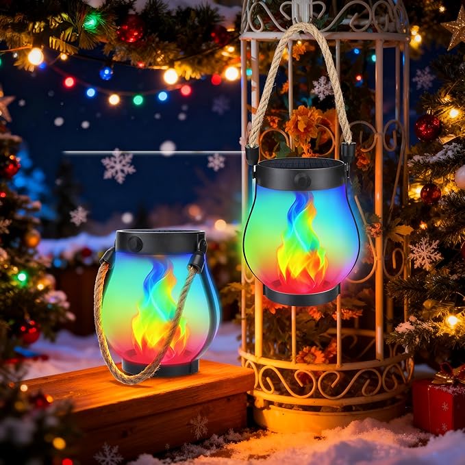 Halloween Solar Flame Lantern Hanging Outdoor Waterproof Purple - 2 Pack Flame Lanterns with Dual Charging Modes of Solar & USB for Garden or Yard Halloween Decorations (Multicolor - 1 Pack)