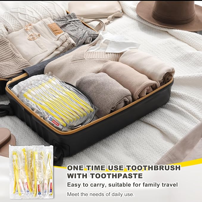 100pcs Disposable Toothbrushes with Toothpaste and Floss,Yellow Bulk Single Use Toothbrush Floss Pick Individually Wrapped Disposable Travel Toothbrushes Kit for Homeless,Airbnb,Hotel,Guest