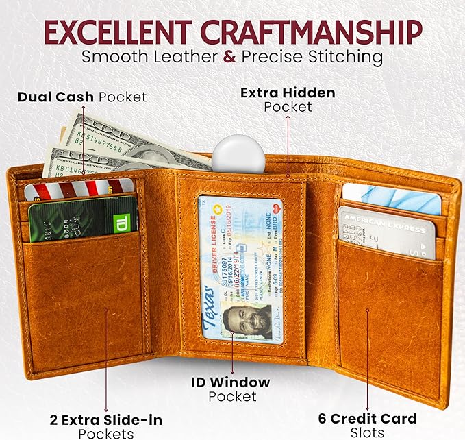 BULL GUARD Best Leather Men's RFID Trifold Wallet With ID Great Outdoor Wallet