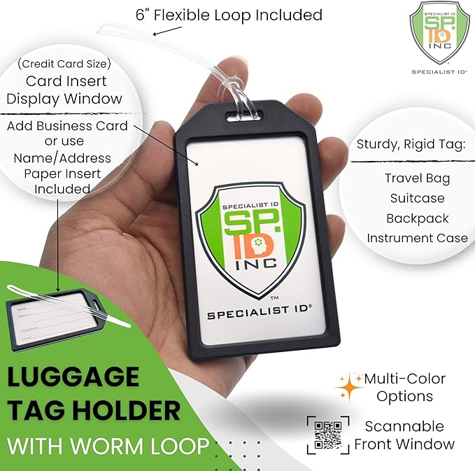 5 Pack - Premium Rigid Airline Luggage Tag Holders with 6" Worm Loops - Heavy Duty Hard Plastic -Suitcase ID Tag Identifiers with Business Card Insert Window by Specialist ID (Green)