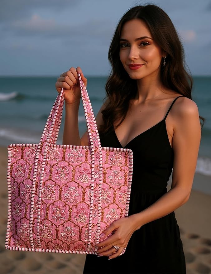 Cotton Quilted Tote Bag for Women – Large Beach & Travel Tote with Zipper, Reusable Grocery Bag