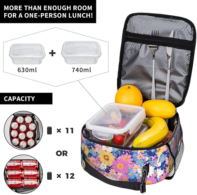 Floral Insulated Lunch Box for Women Men Floral Lunch Bag for Travel,or Fishing Polyester