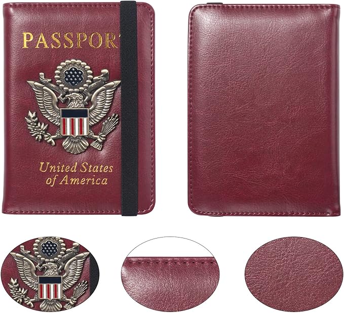 Passport Holder for Travel Passport Cover for Men Passport Wallet Case With 3D Metal Badge Protector Leather Card Case RFID Blocking Women Travel Accessories Document Organizer (Wine Red)
