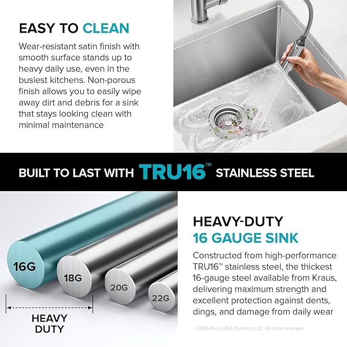 Kraus KHU111-25 Standart PRO 16 Gauge Undermount Single Bowl Stainless Steel Kitchen Sink, 25 Inch