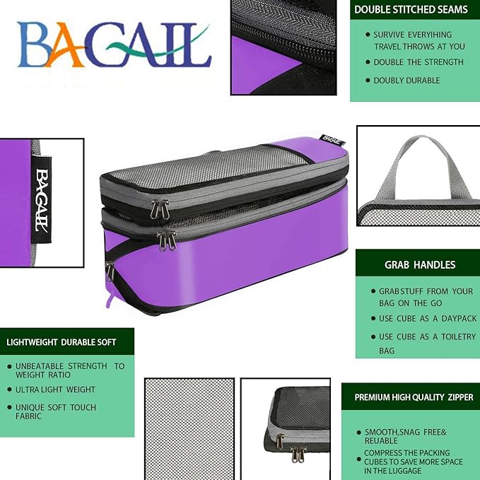 BAGAIL 4 Set/6 Set/8 Set Compression Packing Cubes Travel Accessories Expandable Packing Organizers(Purple HalfMesh 6 Set)