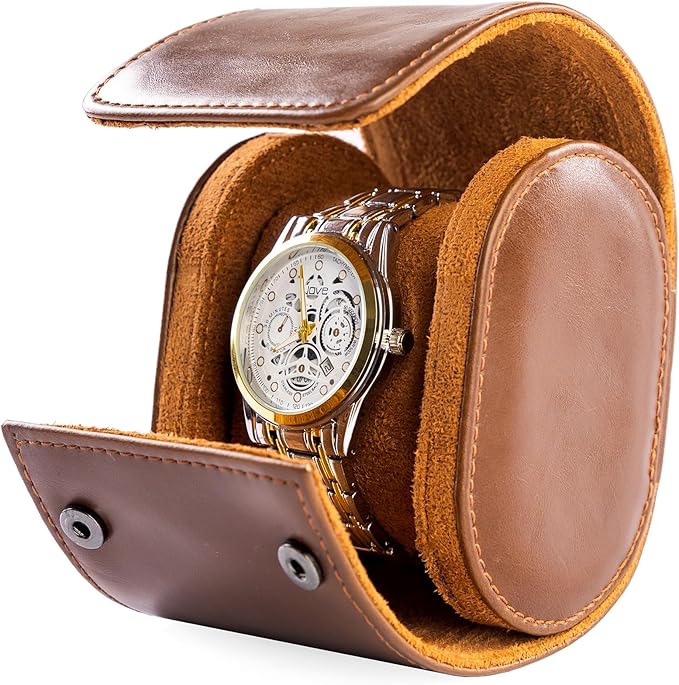 MR.OKAY Single Watch Travel Case-Classic Leather Watch Case With Superb Texture.Portable Watch Roll Or Organizer For Storage And Display.Travel Gift for Men,All Handmade By Leather Craftsmen.