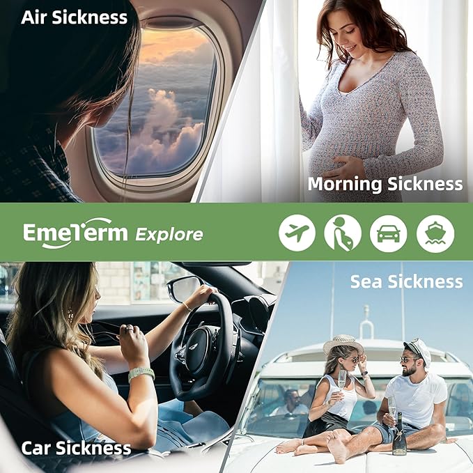 EmeTerm Explore FDA-Cleared Anti-Nausea Wristband IP67 Waterproof Morning Motion Sickness Relief Band Rechargeable Classic Strap Design Drug Free Non-drowsy Without Side Effects Mint Green