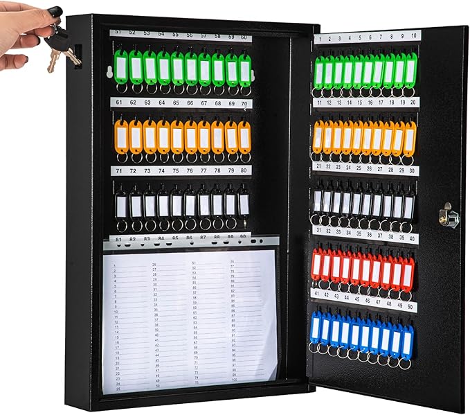 UMEKEN Key Box Wall Mount 100 Position Metal Valet Key Cabinet Lock Box with Key Tags, Key Holder Lockbox Key Organizer Safe Storage Locker Box, Black