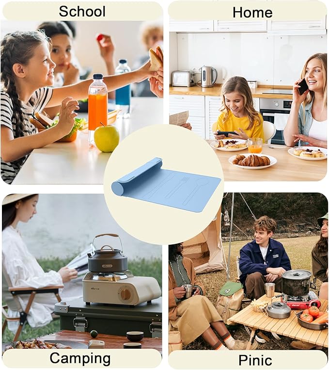 Utensil Box, Tableware Silicone Portable Box Silverware mat, Suitable for Kitchen Utensils, Portable Outdoor Camping Spoon Fork Utensils Storage mat (Blue)