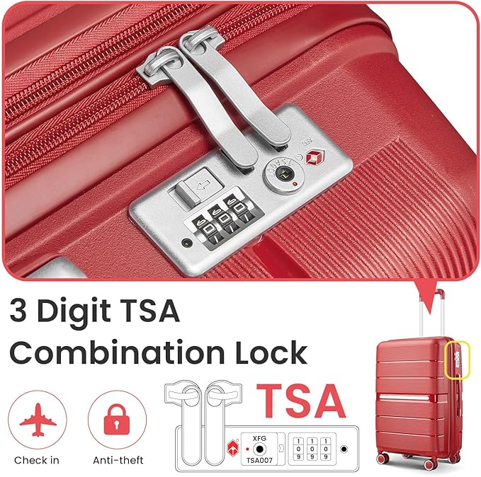 Campfun Luggage 4 Piece Sets, Expandable Carry On Luggage Set Hardshell PP, Suitcase Set with Double Spinner Wheels, Checked Durable Lightweight with TSA Lock, 14/20/24/28in, Red(A)