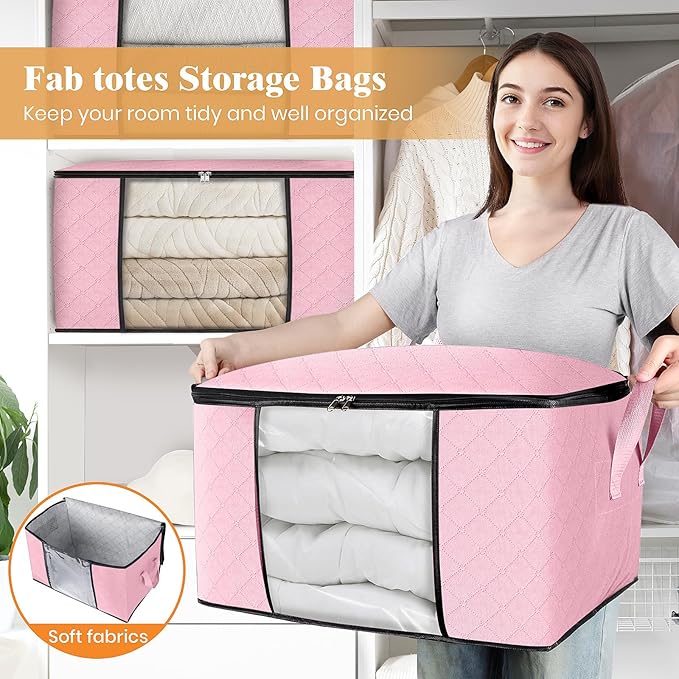 Fab totes 10 Pack Clothes Storage, Foldable Thick Fabric Blanket Storage Bags, Containers for Organizing Bedroom, Closet, Clothing, Comforter, Organization with Handle,Pink