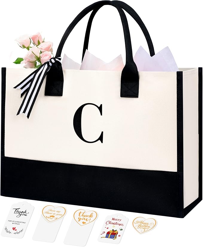BAGAIL Initial Tote Bag, Personalized Birthday Gifts for Women, Teacher, Friends, Mom, Wedding, Monogrammed Beach Bag