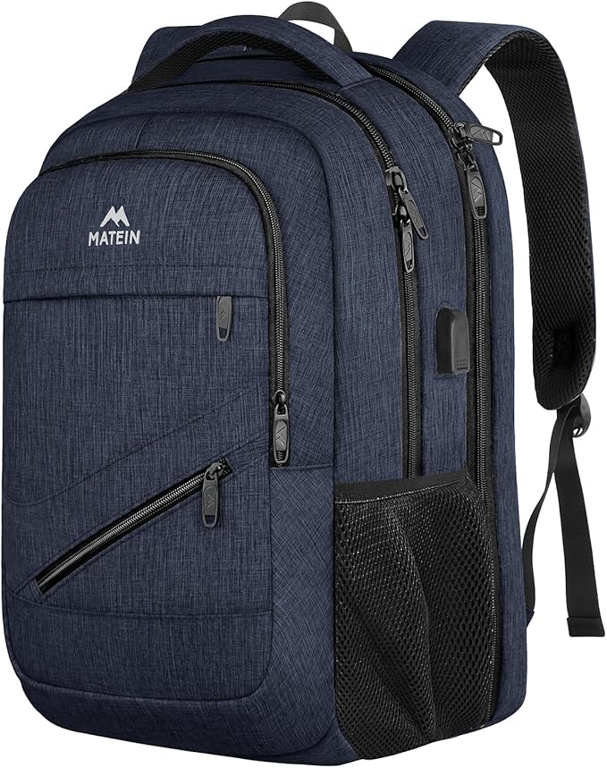 MATEIN 17 Inch Laptop Backpack, Large College Backpack Carry On TSA Approved with Trolley Sleeve, Computer Work Bag with USB Charging Port, Water Resistant Travel Daypack for Men, Dark Blue
