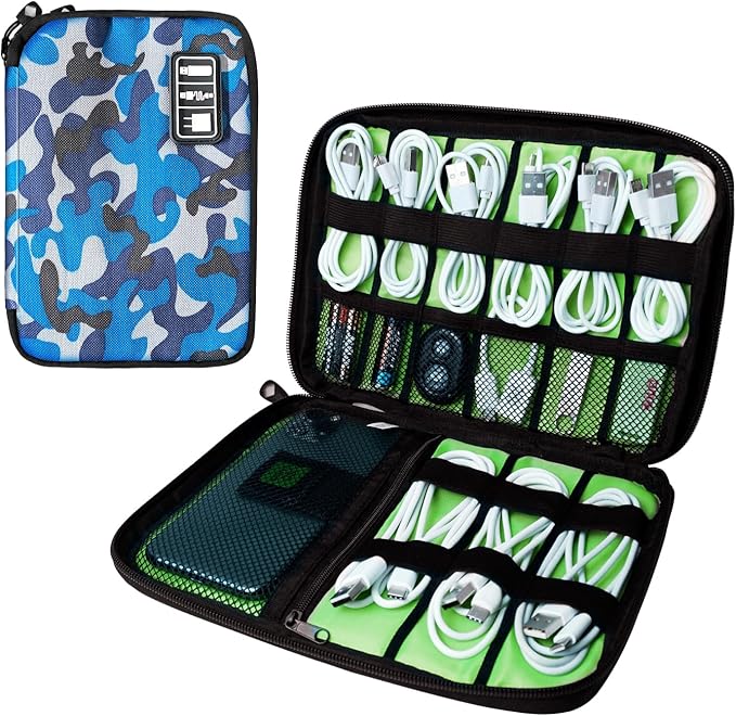Electronics Travel Organizer,Portable Waterproof Electronic Travel Storage Bag for Small Charging Cord Storage,Charger,SD Card etc,for Travel,Business-Blue Camouflage