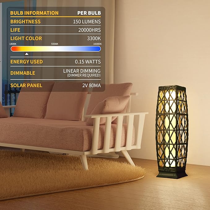 Solar Powered Outdoor Floor, 2 Piece Outdoor Floor Lamps, Solar Lanterns Waterproof, Resin Wicker Weather-Resistant Rattan Deck Light for Patio, Lawn, Porch, Garden