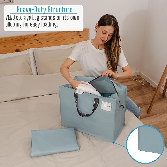 VENO 4 Pack Heavy Duty Moving Bags, Storage Bags, Packing Supplies, Top Zipper, Storage Totes for Camping, Clothes, Bedding, Comforters, Pillows (13 Gallon Light Blue, 4 Pack)