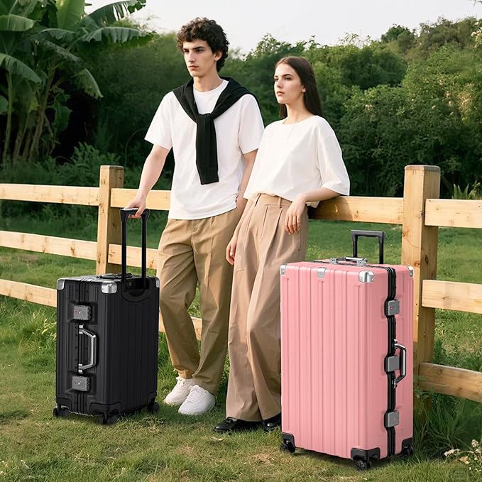 Krute Checked Aluminum Frame Suitcase 24 Inch Zipperless Luggages Hardside PC Luggage With Spinner Wheels TSA Lock USB Charger Suitcases(1 Piece)