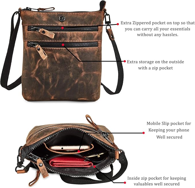Crossbody Sling Bag for Women Small Real Leather Purse Vintage Travel Crossover Shoulder Bag Handmade