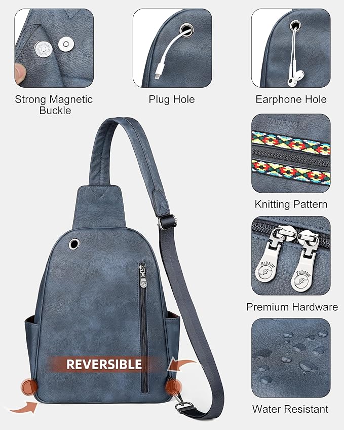 FADEON Large Sling Bag for Women, Leather Crossbody Purse Designer Anti Theft Sling Backpack, RFID Fanny Packs for Travel
