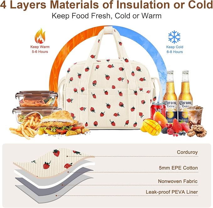Corduroy Lunch Box Lunch Bag for Women Adults Men, Cute Strawberry Insulated Work Reusable Leakproof Simple Large Lunch Boxes Tote Bag Adults Cooler Bag, with Shoulder Strap